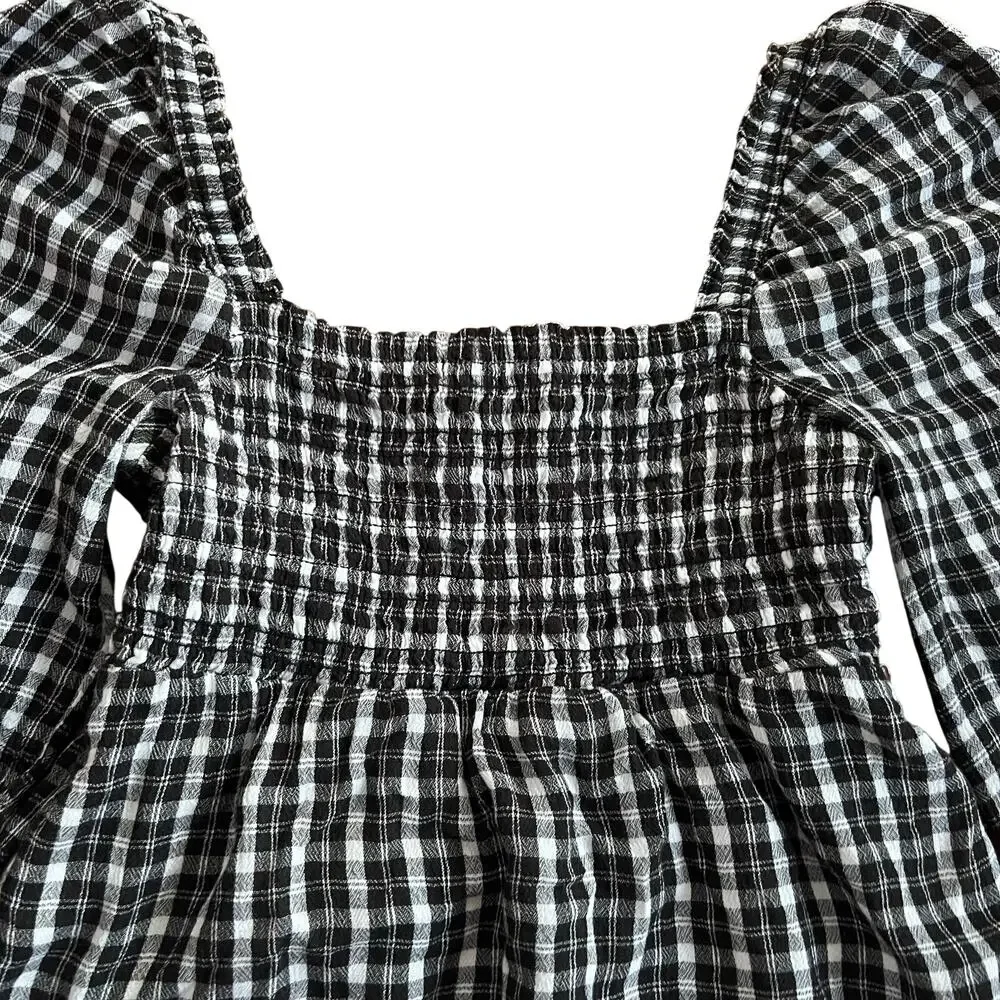 Abercrombie & Fitch Y2K Smocked B&W Gingham Square Neck Peplum Top Puff Sleeves